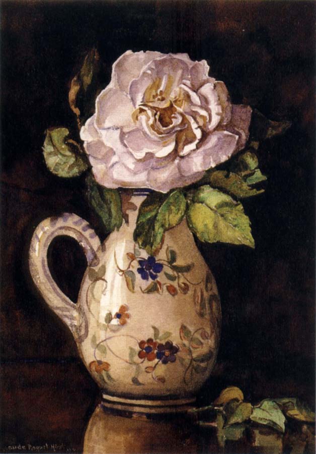 White Rose in a Glazed Ceramic Pitcher with Floral Design